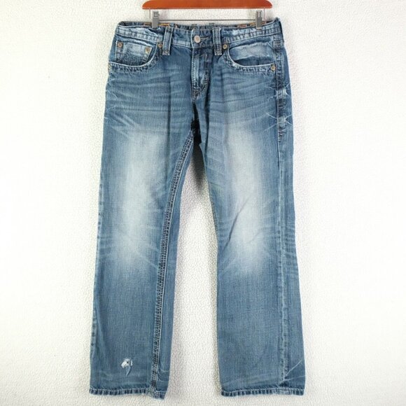 Rock Revival Jeans Mens 33X32 Blue Layne Relaxed Straight Stone Wash Distressed - Picture 1 of 14